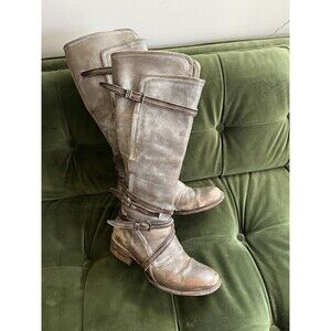 Freebird Gia Taupe Gray Tall Leather Boots Knee High Sz 8 Straps Buckle Riding